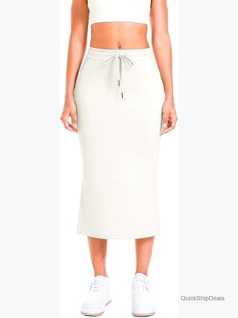Midi Bodycon Skirt With Pockets And Side Split - High Waist Drawstring